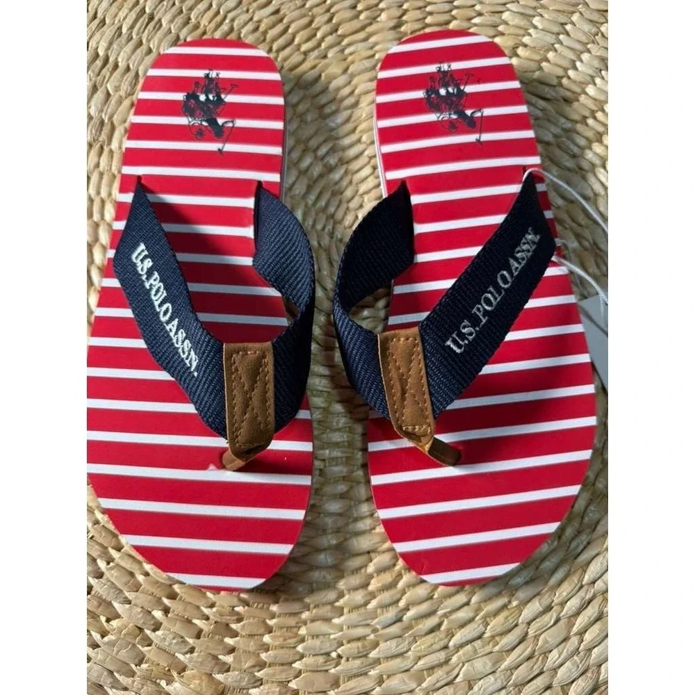 US Polo Assn Womens Striped Flip Flops Red White Blue Nautical Sandals NEW 7-8